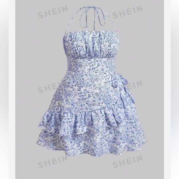 Floral Print Layered Tiered Ruffle Hem Halter Mini Dress Blue White NWT sz M Zip - Picture 3 of 16